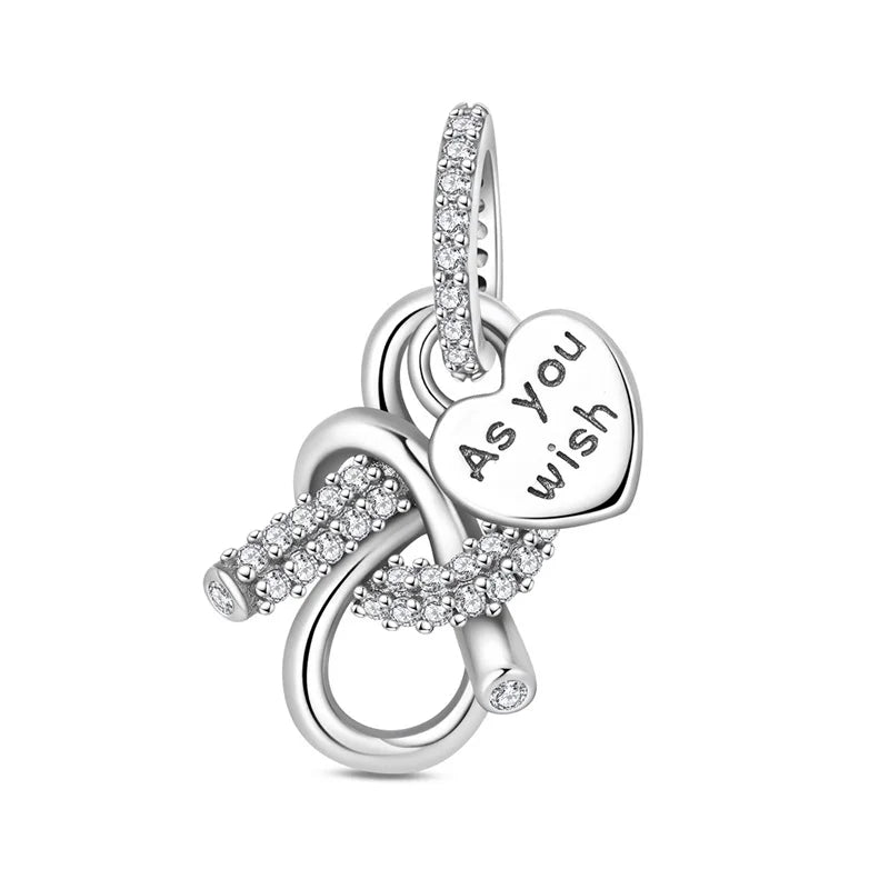 Romantische Schleifenperlen aus 925er-Sterlingsilber und herzförmiger, unendlicher baumelnder Charm, passend für Armbänder, schöne Schmuck-Accessoires, Geschenke