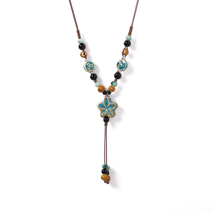 Runder Stern, handgefertigte Keramik-Halskette, verstellbarer Anhänger in Edelsteinblau, Boho-Schmuck, langer Anhänger für Frauen 1101