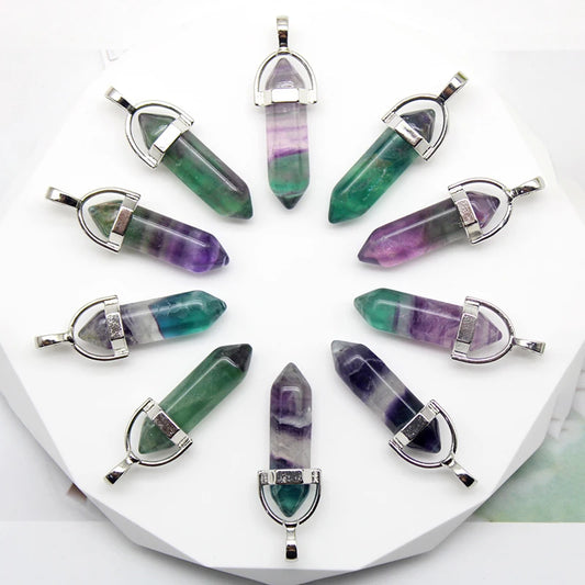 24 stücke Natürliche Stein Achate Quarz Kristall Anhänger Für Halskette Charme Fluorit Sechseckigen Anhänger DIY Schmuck Machen Zubehör