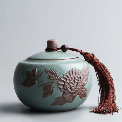 Hand-carved lotus celadon ash pet urn, dog and cat cremation urns, ceramic urns, sealed jar, funeral memorial art, large size