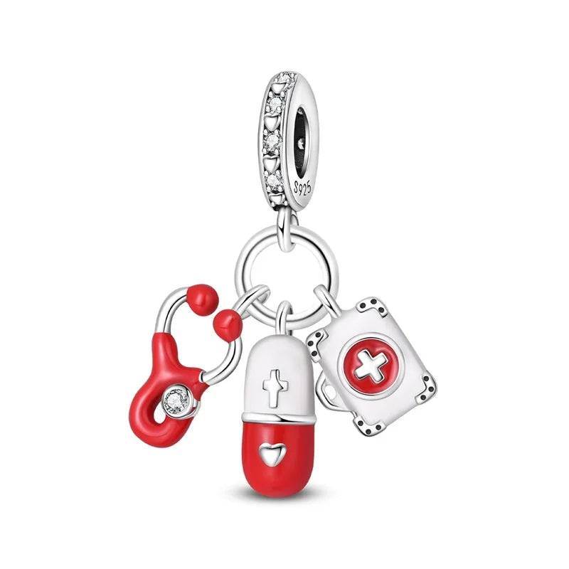 Original 925 Sterling Silber Charm Perlen Medizinische Serie Arzt Krankenschwester Pflege Für Zähne Anhänger Für Armband Edlen DIY Schmuck