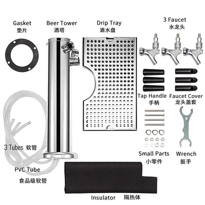 Dreifachhähne aus Edelstahl für Fassbierturmspender mit Tropfschale, Fass-Bierturm, Kegerator-Turm, vormontiertes Kit für Bar