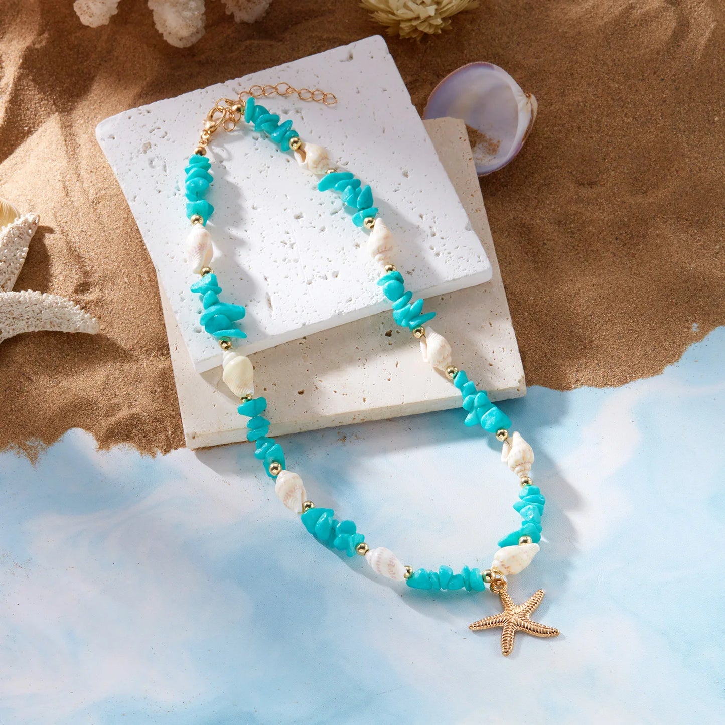 Bohemian Seestern Muschel Anhänger Halsketten Für Frauen Bunte Unregelmäßige Stein Halsband Halskette Mädchen Sommer Strand Party Schmuck