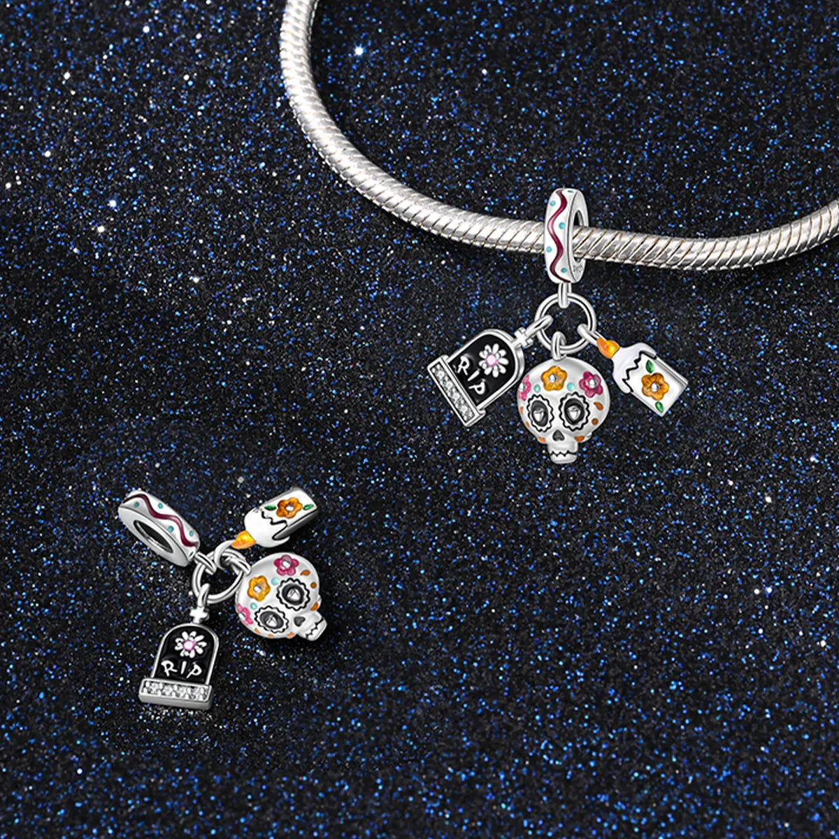Atemberaubender Geisterrosen-Perlen aus 925er-Sterlingsilber und Spinnen-Seidenschädel-Anhänger, passend für Armbänder, Halloween-Anhänger, Accessoires, Geschenke