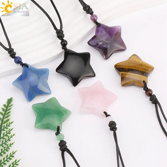 Heilende Stern Kristall Halskette Naturstein Anhänger Tigerauge Amethyst Rosenquarz Schwarz Obsidian Halsketten für Männer Frauen H301
