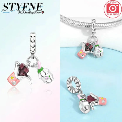 Charm-Anhänger aus 925er-Sterlingsilber, Vintage-Stil, blaues und weißes Porzellan, Teetasse, Perlen, passend für Original-Armbänder, Schmuck, Geschenk