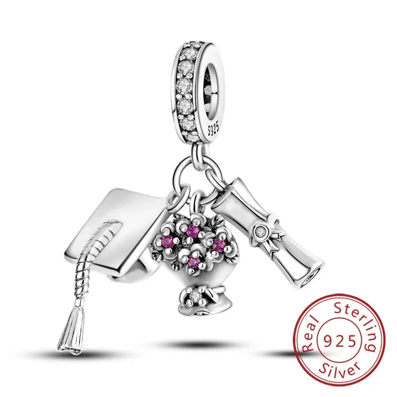 Original-Charms für den Abschluss, Perlen-Anhänger, 925er-Sterlingsilber, Bachelor-Hut, Kappen-Charms, passend für Armbänder, DIY-Zeremonie, Schmuck, Geschenk