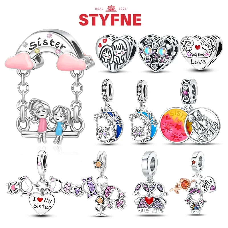 Sterling Silber S925 Schwestern auf der Schaukel Charms Herz Bead Fit Original Armband Armreif DIY Feines Geschenk Schmuck für Frauen