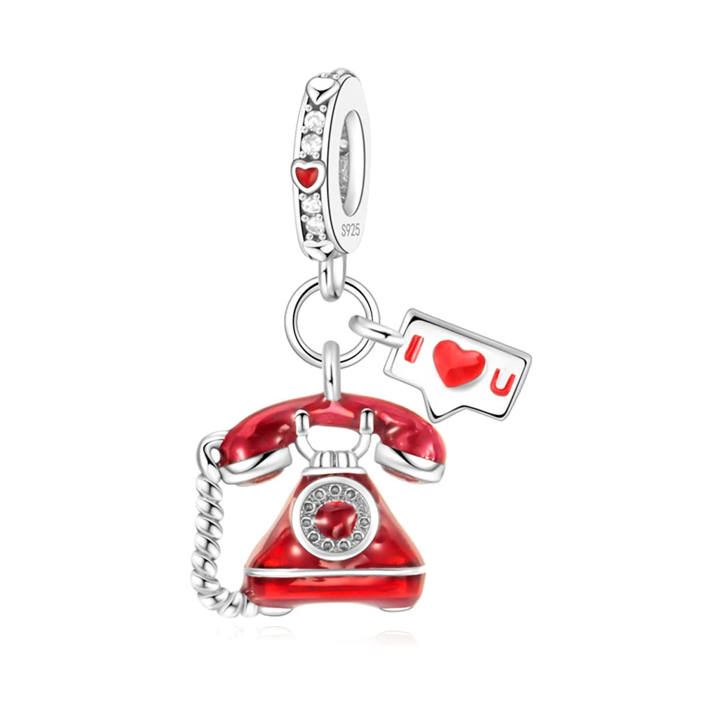 Rote Serie 925er Sterlingsilber Kamera Apfel Herzförmiger Koi Feuerwerkskörper Gott Reichtum Charm Passend für DIY Armband Halskette Partygeschenke