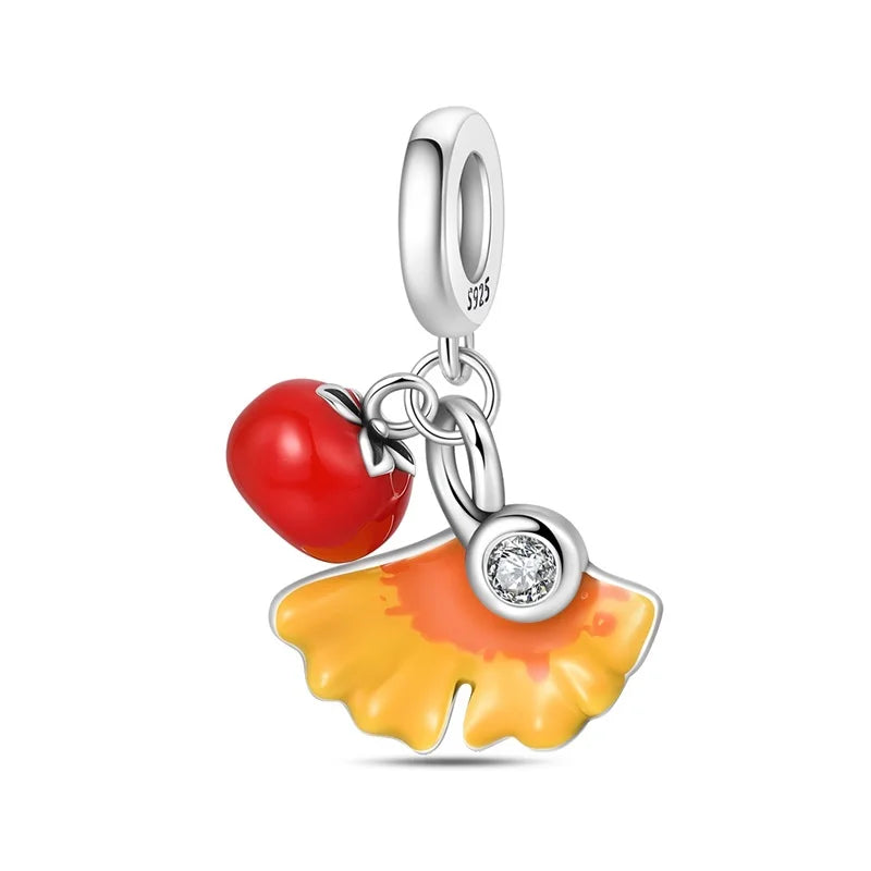 Kürbishaus-Perlen und Kuchen-Donut-Herzform aus 925er-Sterlingsilber, dreifach baumelnder Charm, passend für Armbänder, goldene orangefarbene Anhänger-Geschenke