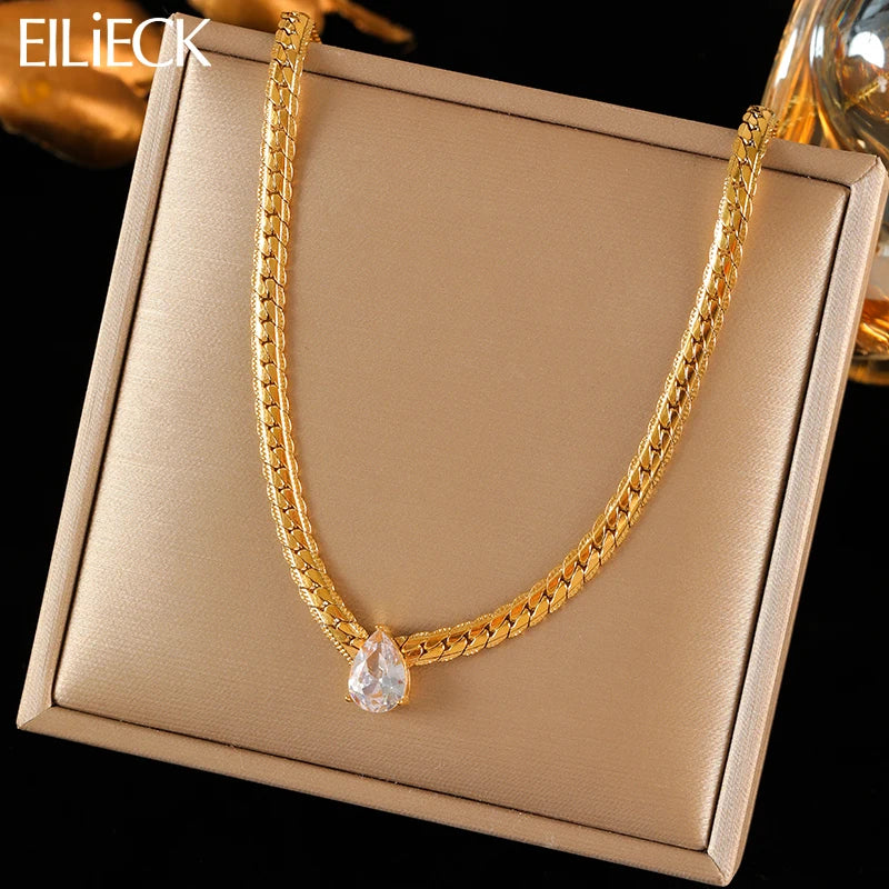 EILIECK 316L Edelstahl Metall Goldene Kette Teardrop Bling Zirkonia Halskette 18K PVD Überzogene Wasserdicht Mode Schmuck Frauen