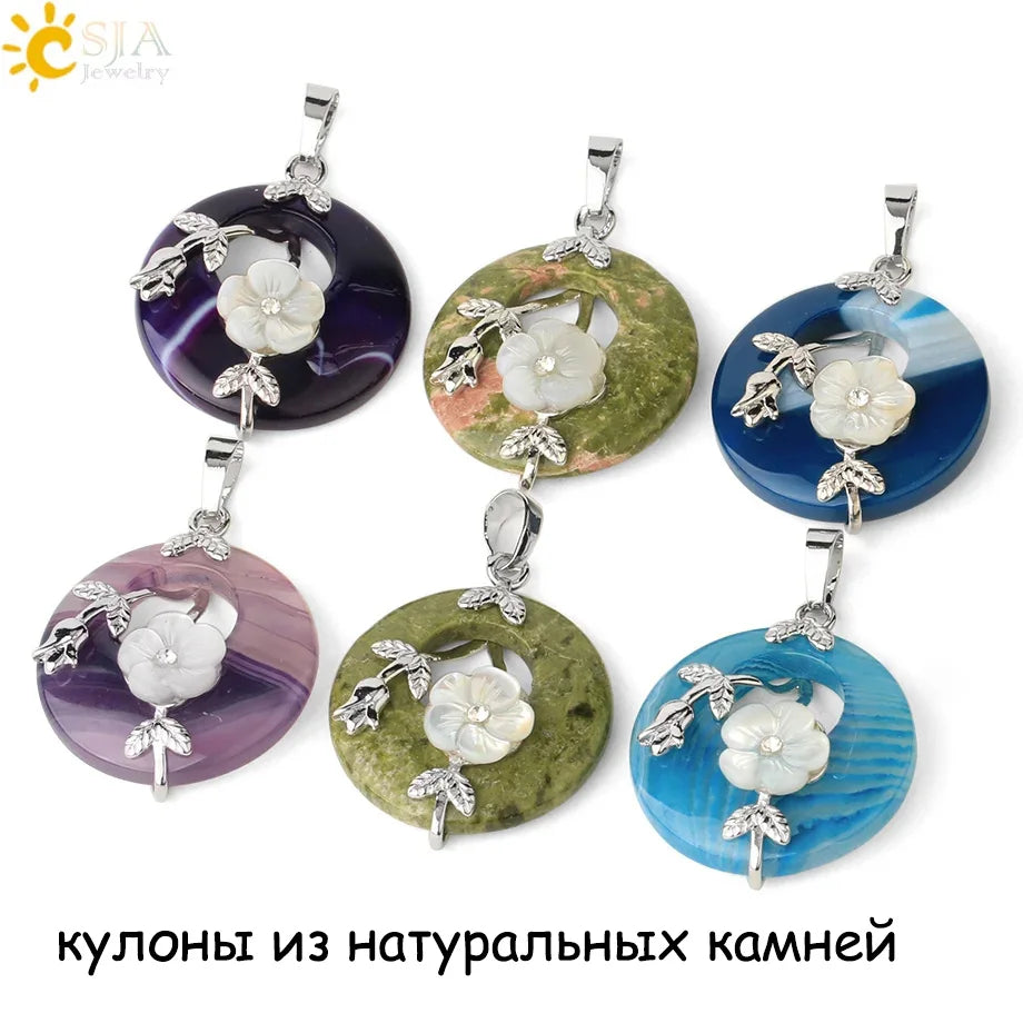 Natursteine Anhänger für Halskette Runde Blume Blatt Amethyste Rosenquarz Schwarzer Onyx Kristall Donut Reiki Schmuck G384