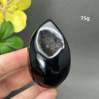 Natürlicher schwarzer Achat, Kristallloch, eiförmiger Kristall, Heilung, spirituelle Meditation, Mineralquarz, Aura, Energie, Heimdekoration