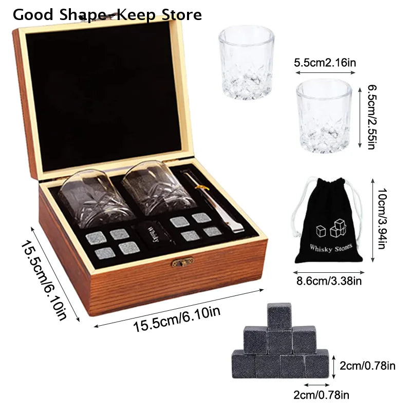 Set mit 8 Granit-Eiswürfeln + 2 Gläsern für Whisky in Holzbox, Geschenk für Papa, Vatertagsgeschenk für Männer, Whisky-Steine