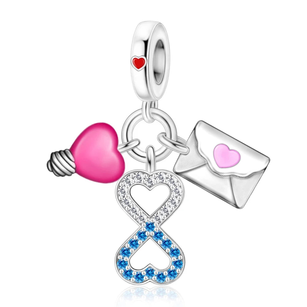 Romantische Schleifenperlen aus 925er-Sterlingsilber und herzförmiger, unendlicher baumelnder Charm, passend für Armbänder, schöne Schmuck-Accessoires, Geschenke
