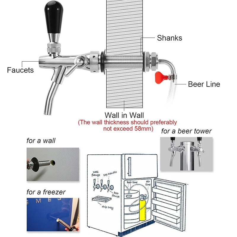 Verstellbarer Bierhahn mit 100 mm langem Schaft, Heimbrauen, Entwurfsbierhahn, Kegerator-Hahn, Bierspender für Wand/Kühlschrank