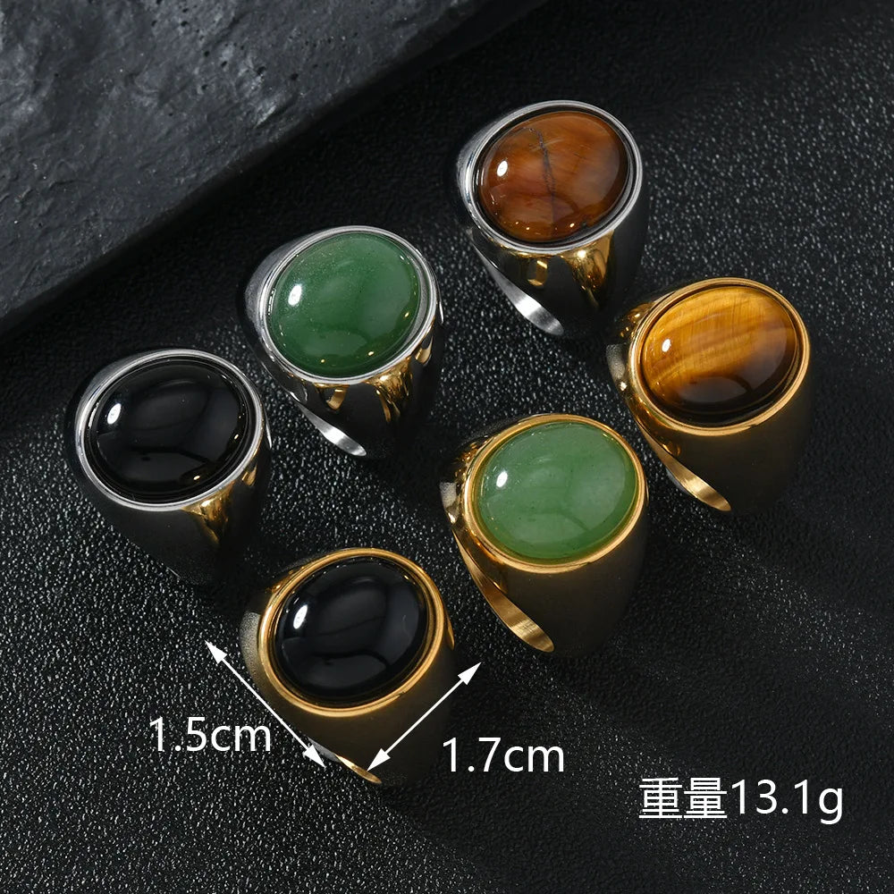 HNSP 316L Edelstahl Oval Naturstein Ring Für Männer Frauen Finger Vintage-Schmuck Schwarz Grün Tigerauge Männliche Ringe
