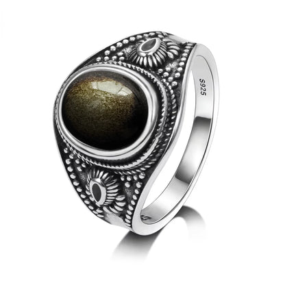 Vintage S925 Sterling Silber Ring Oval Runde Natürliche Obsidian Ring Sonne Und Blume Geformt Retro Edlen Schmuck Für Frauen Männer