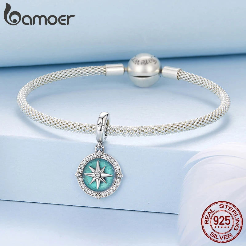 Bamoer Kompass-Anhänger aus 925er-Sterlingsilber, Emaille, blau, voll eingekreist, Zirkon-Perlen für Frauen, DIY-Halsketten-Zubehör, Kristall-Geschenk