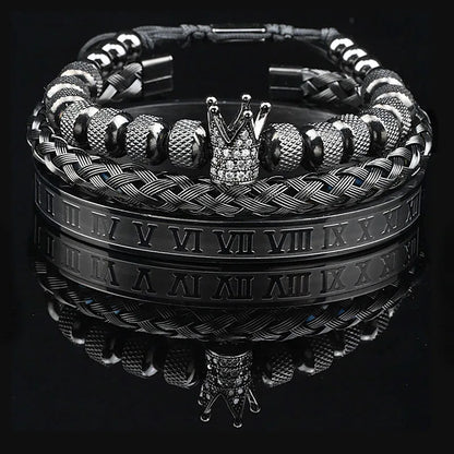 Luxus Schwarz Stein Perlen Leopard Kopf Mann Armband Emaille Edelstahl Römischen Armreifen Frauen Schmuck Set