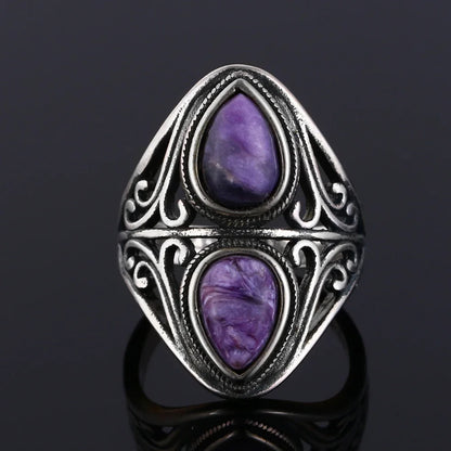 Charms 6x9MM Natürliche Charoite Perlen Ringe frauen S925 Silber Schmuck Vintage Ring Jahrestag Party Geschenke für Frauen