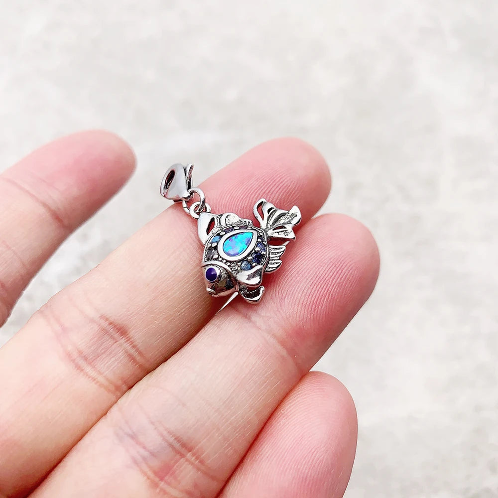 Blauer maritimer Fisch-Charm-Anhänger, 2023, Frühling, 925er Sterlingsilber, trendiges Glücksgeschenk für Frauen, Schmuck