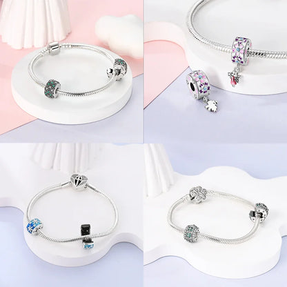 925er Silber eingelegte Zirkoniumblumen, vierblättriges Kleeblatt, Federn, Liebesbox-Clip, Charms, Abstandsperlen, passend für Armbänder, DIY-Schmuckmarkierung