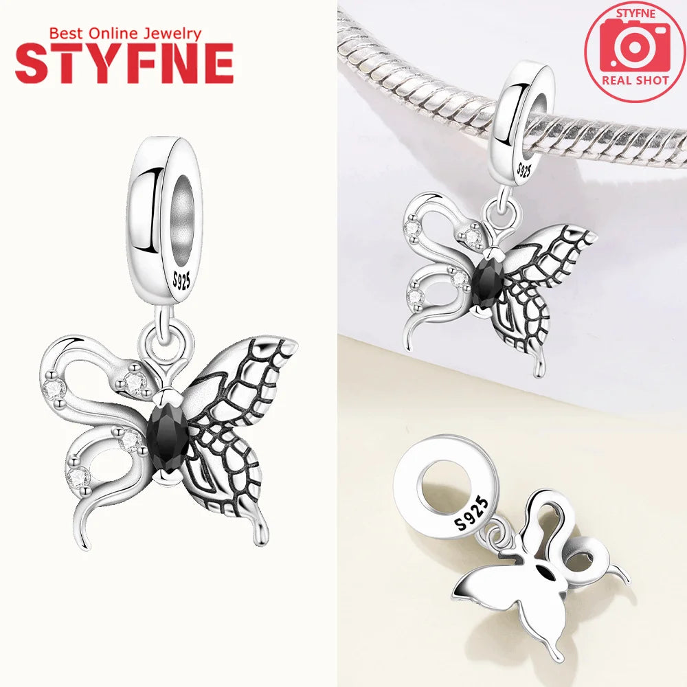Schwarze Charms aus 925er Silber, Schmetterling, Panda, Waschbär, Kalb, Lammperlen, Anhänger, passend für DIY-Original-Armband, Halskette, Modeschmuck, Geschenk