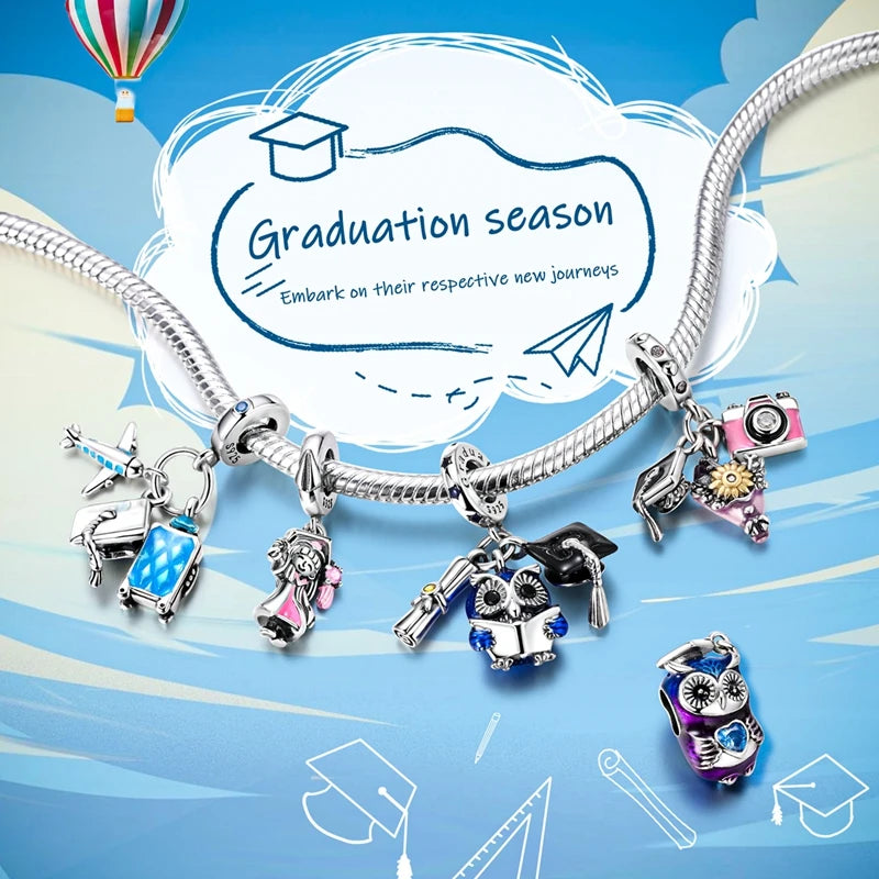 Original-Charms für den Abschluss, Perlen-Anhänger, 925er-Sterlingsilber, Bachelor-Hut, Kappen-Charms, passend für Armbänder, DIY-Zeremonie, Schmuck, Geschenk
