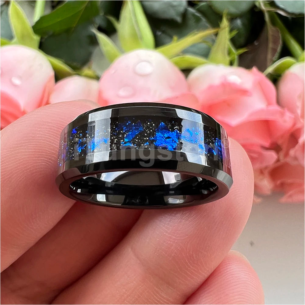 iTungsten 8 mm schwarze/silberne Wolfram-Eheringe für Männer und Frauen mit blauen Folien, abgeschrägte Kanten, polnisch, glänzend, bequeme Passform