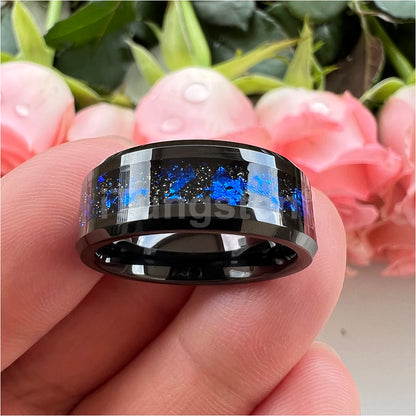 iTungsten 8 mm schwarze/silberne Wolfram-Eheringe für Männer und Frauen mit blauen Folien, abgeschrägte Kanten, polnisch, glänzend, bequeme Passform