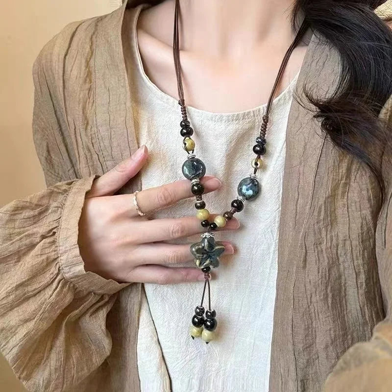 Vintage ethnische Stil Keramik Blume Perlen Halskette für Frauen bunte Perlen Fransen Anhänger lange Halsband Pullover Kleid Schmuck