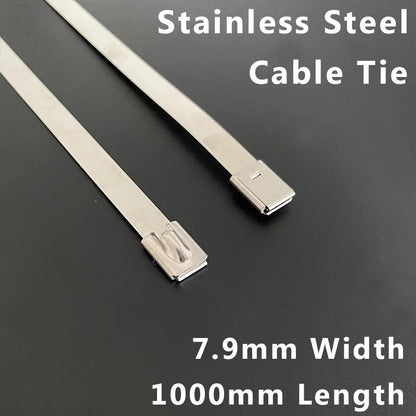 100 Stück 304 # Edelstahl-Kabelbinder, 7,9 x 1000 mm, robust, selbstsichernd, superlang, Einweg-Befestigungsklemme, Bindeseil