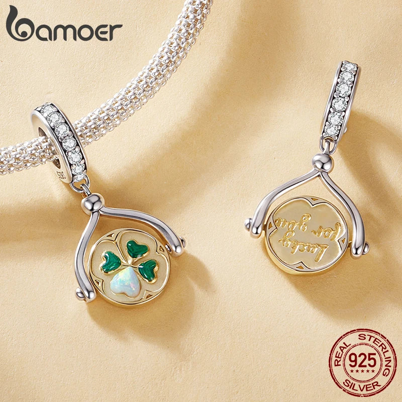 Bamoer 925 Sterling Silber Herbst Gold Blätter Charms Glück Vierblättriges Kleeblatt Spinning Anhänger für Frauen Armband DIY Schmuck Geschenk