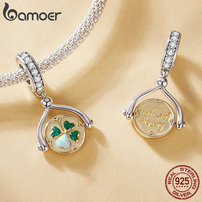 Bamoer 925 Sterling Silber Herbst Gold Blätter Charms Glück Vierblättriges Kleeblatt Spinning Anhänger für Frauen Armband DIY Schmuck Geschenk