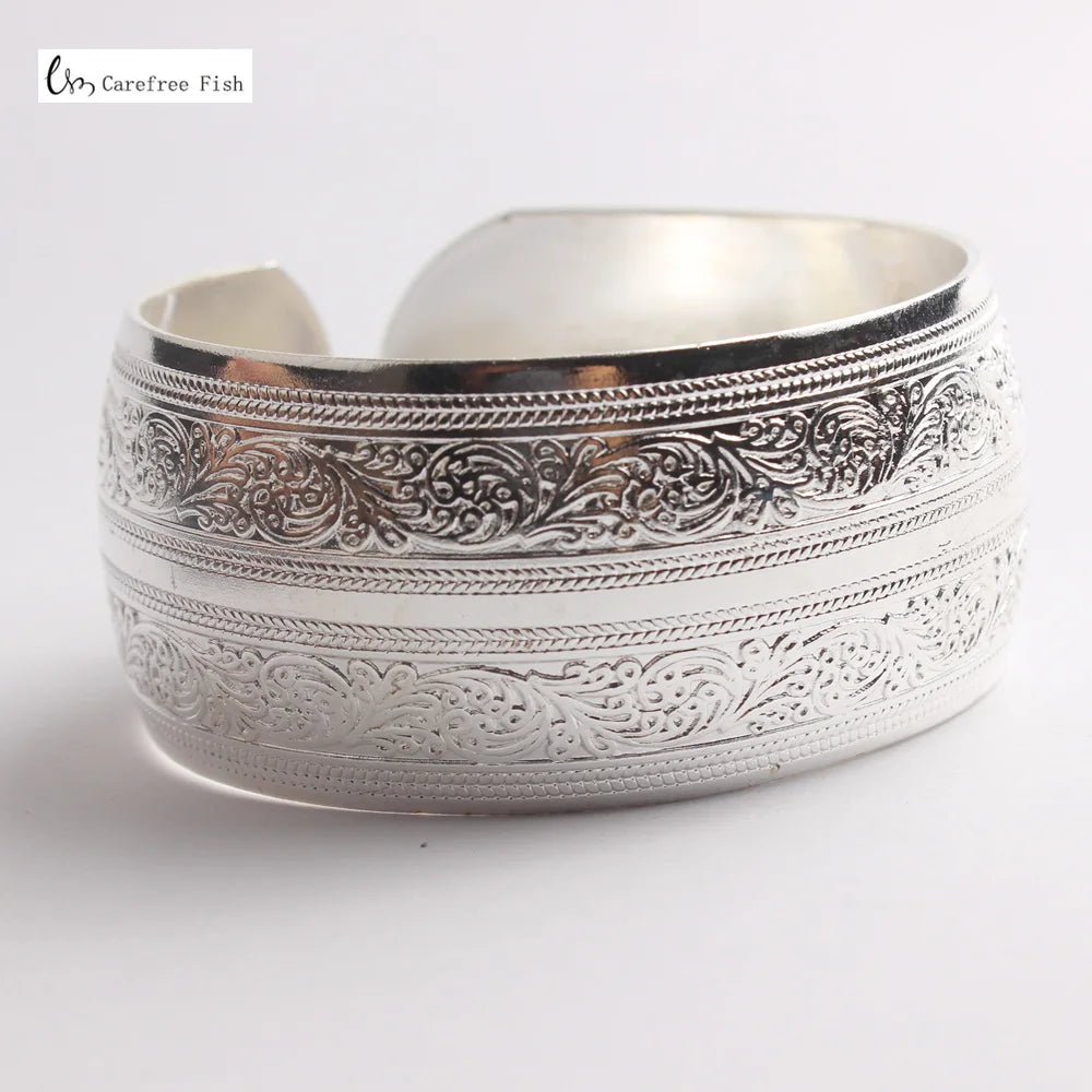 32-Stil Vintage-Manschettenarmband, tibetisch versilbert, geschnitzte Blume, Tier-Öffnungsarmreif, verstellbar, indischer Schmuck, Damen-Geschenke