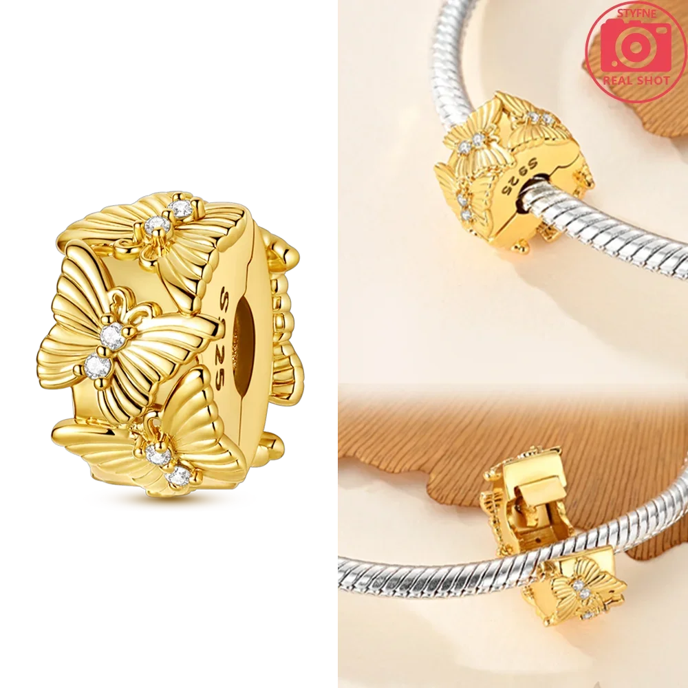 Original funkelnde Charm-Perlen aus 925er-Sterlingsilber, Gold, Rose, heller Stern, Herz, passend für Armbänder, DIY-Jubiläums-Schmuck, Geschenk