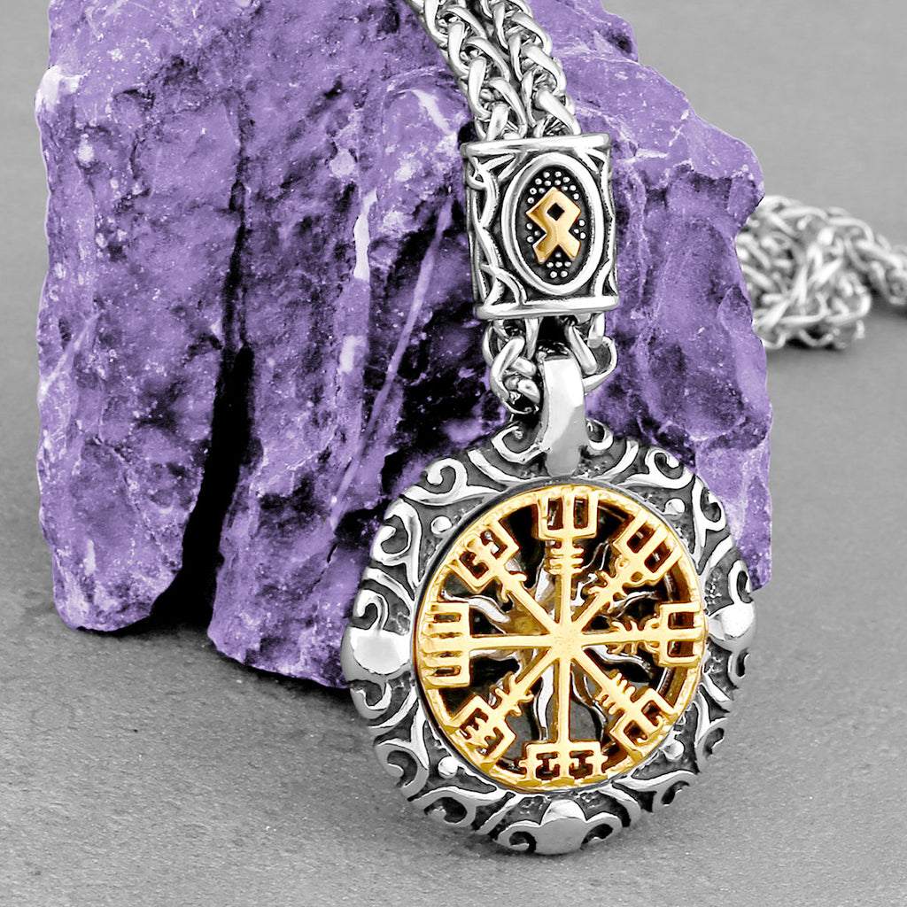 Kreatives Design Wikinger Rune Kompass Halskette Vintage Mode Amulett Edelstahl Anhänger für Herren Großhandel Schmuck