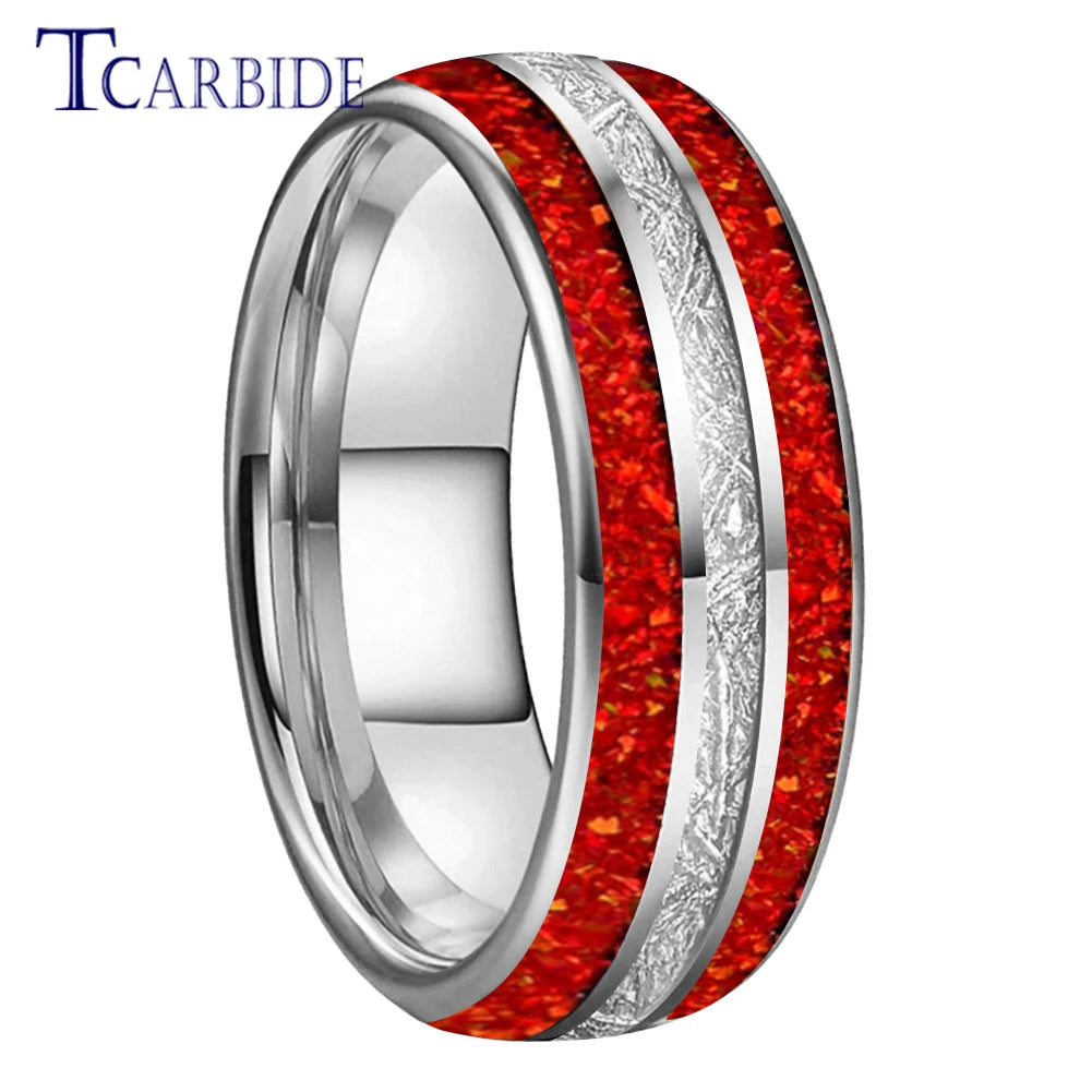 Dropshipping 8MM Männer Frauen Schöne Hochzeit Band Wolfram Rot Opal Ring mit Helle Meteorit Inlay Gewölbt Poliert Komfort Fit