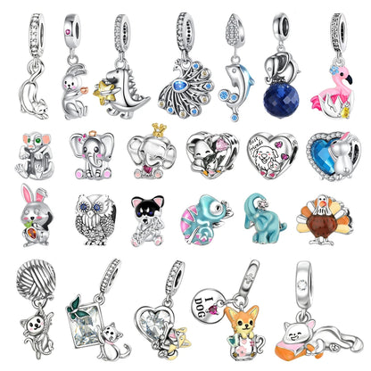 Animal Series Charms aus 925er-Sterlingsilber, Kaninchen, Katze, Pfau, Elefant, Türkei, Hund, passend für DIY-Armbänder, Halsketten, niedliche dekorative Geschenke