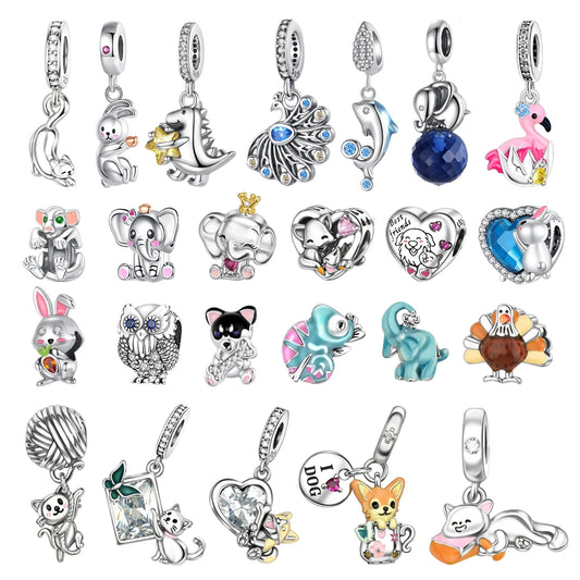 Animal Series Charms aus 925er-Sterlingsilber, Kaninchen, Katze, Pfau, Elefant, Türkei, Hund, passend für DIY-Armbänder, Halsketten, niedliche dekorative Geschenke