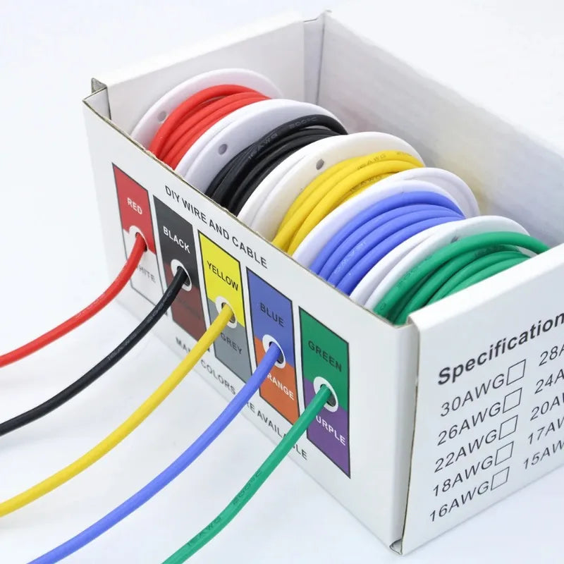 Box-Verpackungsset aus weichem Silikondraht, hitzebeständiges Litzenkabel, 30/28/26/24/22/20/18/17/16 AWG, elektrisches verzinntes Kupfer