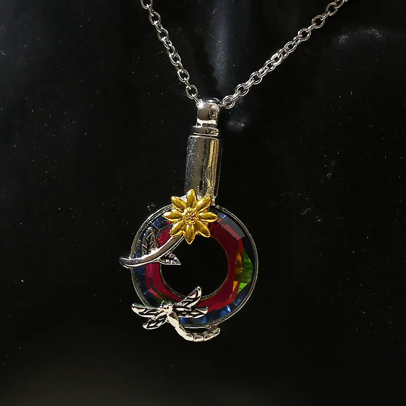 Urnen-Anhänger-Halskette, Libellen-Sonnenblumen-Gedenkschmuck für Asche, Andenken für Liebste und Haustiere