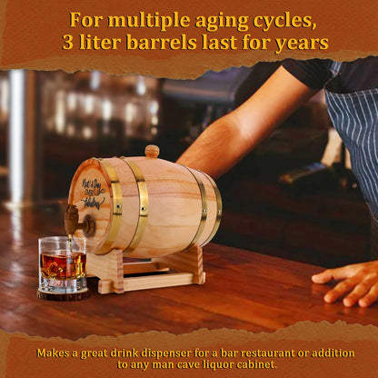 3L Graviertes Whiskeyfass mit Ständer und Zapfhahn Holz-Whiskeyfass Weinfass für Cocktails Bourbon Rum Tequila Bier
