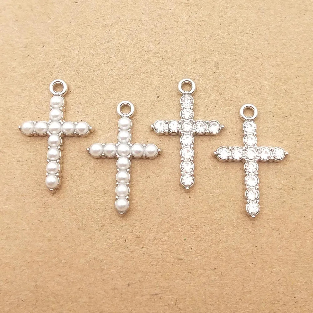 10 Stück Perlen-Kristall-Kreuz-Charm für Schmuckherstellung, Halskette, Armband, Ohrring, Anhänger, Diy-Zubehör, Zinklegierung