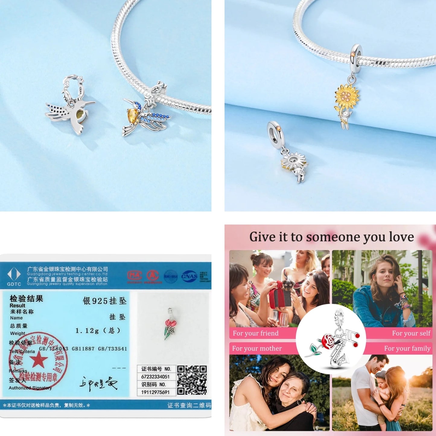 Gelber Sonnenblumen-Charm aus 925er Silber, Original-Zirkon, Kolibri, Einhorn-Charms, passend für Armbänder, DIY-Schmuck für Frauen, Hochzeitsgeschenk
