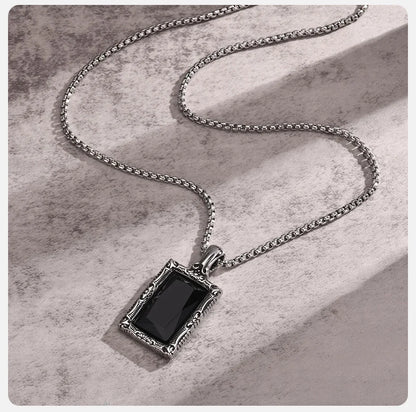Vnox Black Square Stein Halsketten für Männer, Retro Silber Farbe Edelstahl geometrischen Anhänger Kragen mit Box Kette