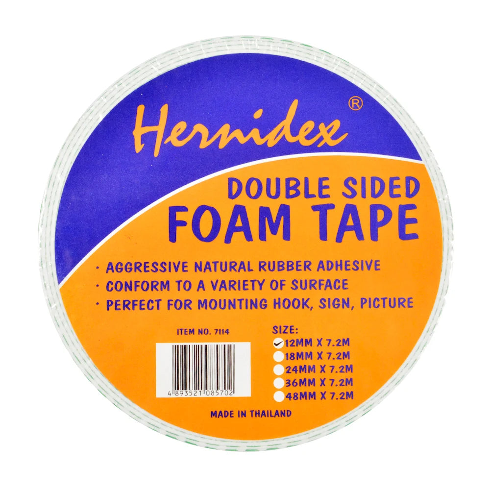 HERNIDEX Doppelseitiges Schaumstoffband 12 mm x 7,2 m, robuster Kleber zur Montage von Haken, Singen, Bildern, entsprechen einer Vielzahl von Oberflächen
