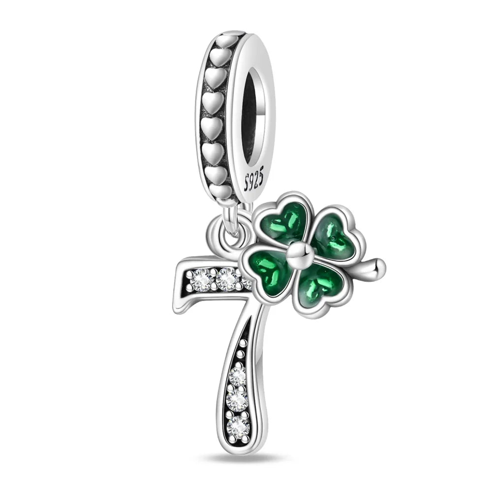 Glücksbringer aus 925er-Sterlingsilber mit vierblättrigem Kleeblatt, Hufeisenkrabbe, Marienkäfer-Zahlen-Charm, passend für DIY-Armbänder, Halsketten, Gesundheit, Glücksgeschenke