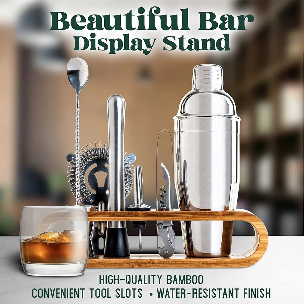 Mixology Barkeeper Kit 10-teiliges Bar-Werkzeugset mit Bambusständer Martini-Cocktail-Shaker-Set für ein perfektes Getränkemisch-Erlebnis